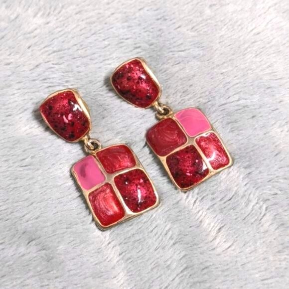 Vintage 1980's Pink & Gold Square Enamel Pierced Earrings - Picture 3 of 9